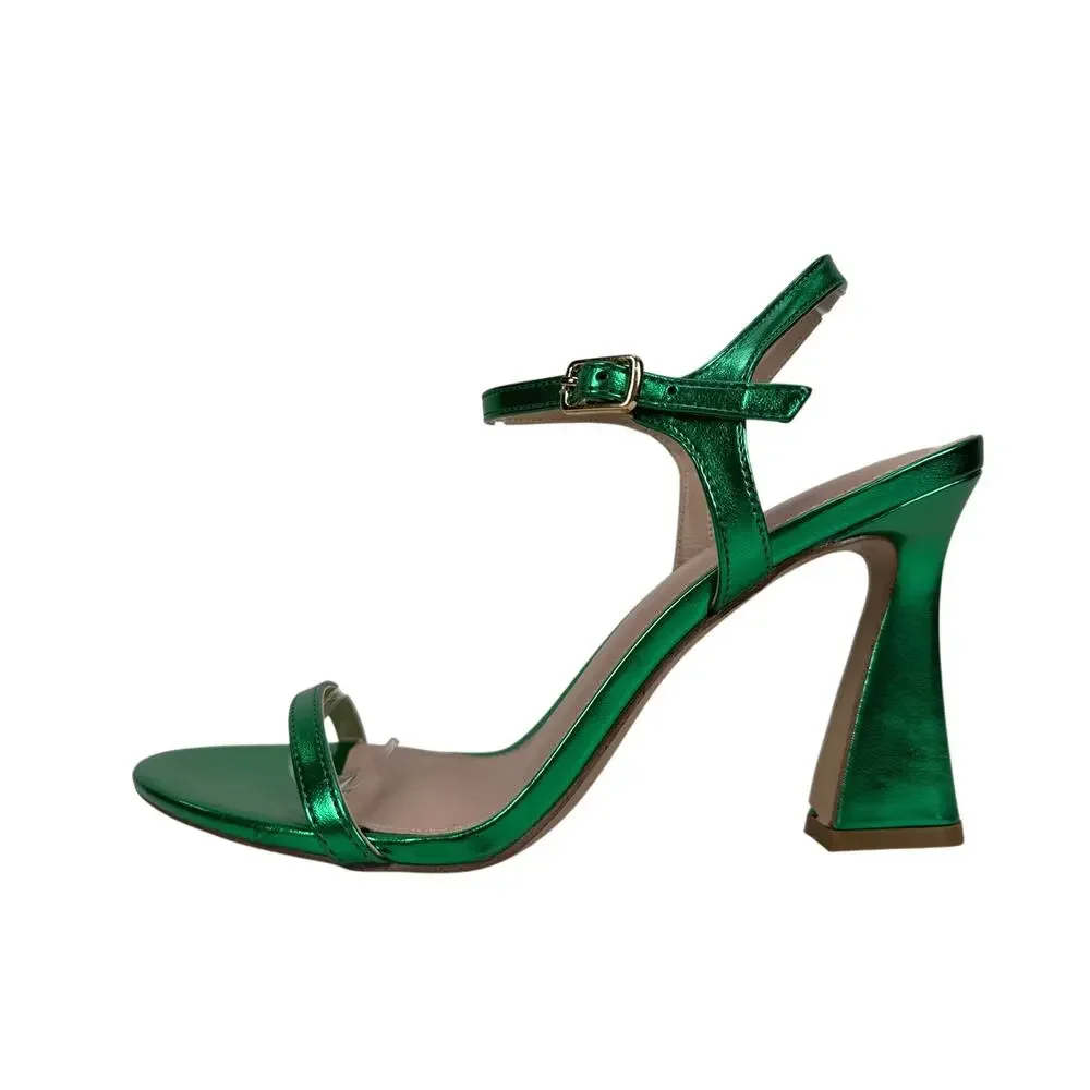 Madden Girl Disco Sandals Womens 8.5 Green Metallic Strappy Block Flare Heels